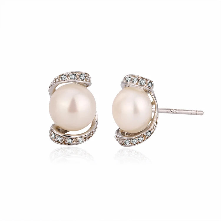 Vintage cubic zirconia diamond and pearl stud wedding 925 sterling silver freshwater cultured pearl earrings