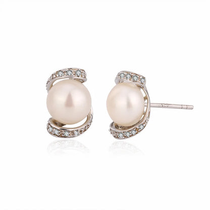 Vintage cubic zirconia diamond and pearl stud wedding 925 sterling silver freshwater cultured pearl earrings