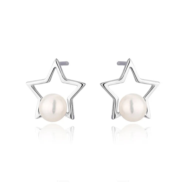 Fashion jewelry 925 sterling silver natural freshwater real pearl exquisite star stud earrings for women