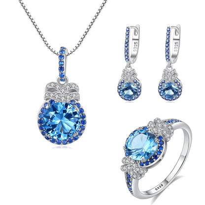 Jewelry Set 925 Sterling Silver Women Jewelry Colorful Stone Ring Necklace Earring Rhodium Plated Jewelry Sets