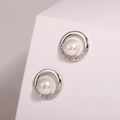 Custom logo zircon diamond gemstone circle round real pearl stud earrings for women