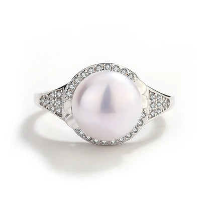 Custom LOGO fashion high-end 925 sterling silver real fresh water pearl ring with little small diamonds