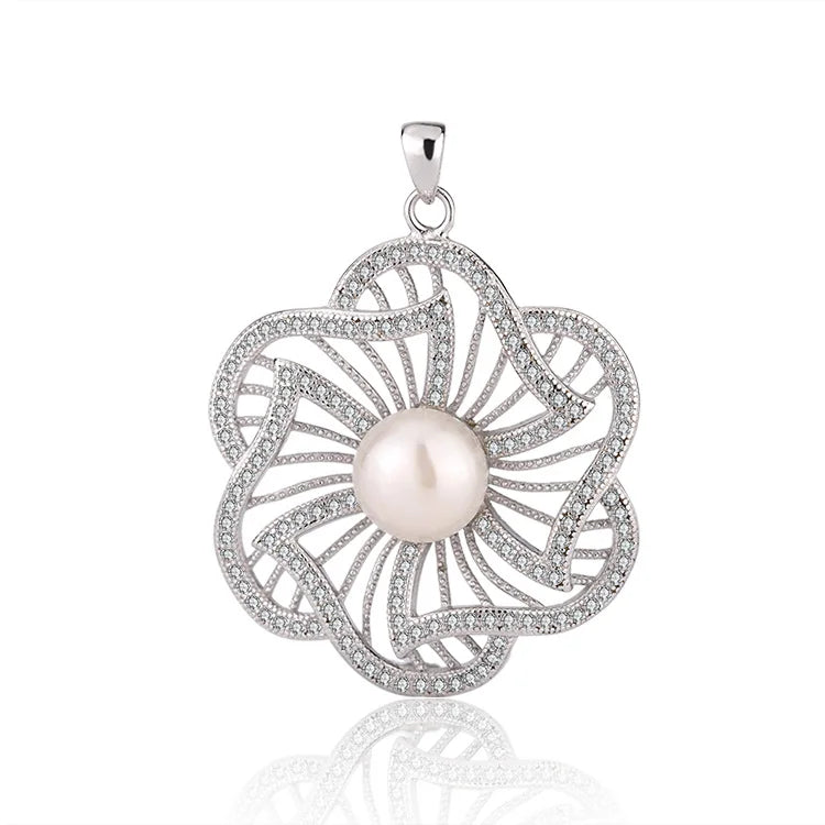 Wholesale custom fashion dainty diamond-set 925 sterling silver single pearl flower shaped pendant