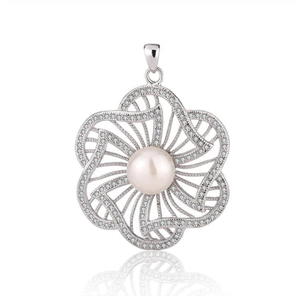 Wholesale custom fashion dainty diamond-set 925 sterling silver single pearl flower shaped pendant