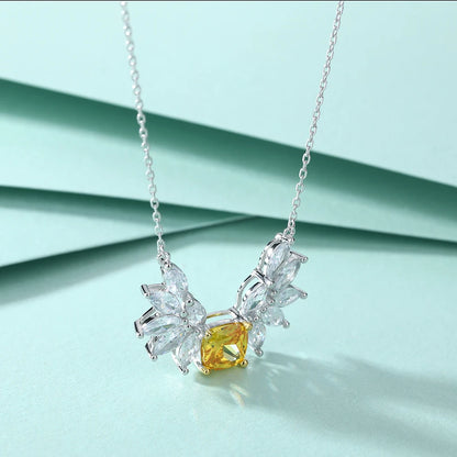 Luxury Feather Shaped Pendant Citrine Yellow Zirconia Cushion Cut 7*7mm 925 Silver Necklaces for Party