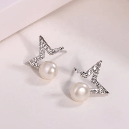 Fashion women jewelry earrings pentagram exquisite star silver pearl stud earrings