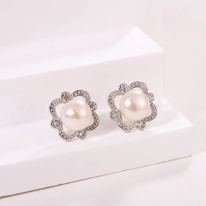 Pearl and cubic zirconia stud 925 sterling silver freshwater cultured pearl earrings with cubic zirconia