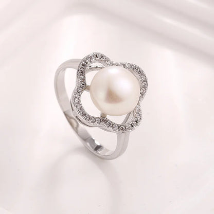 Hollow petal shape 925 pure sterling silver pearl women ring with small fine diamonds inlaid