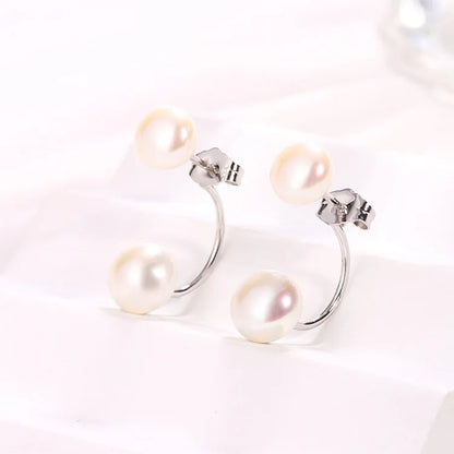 6.5mm 7mm double pearl simple 925 sterling silver freshwater cultured pearl dangle drop earrings