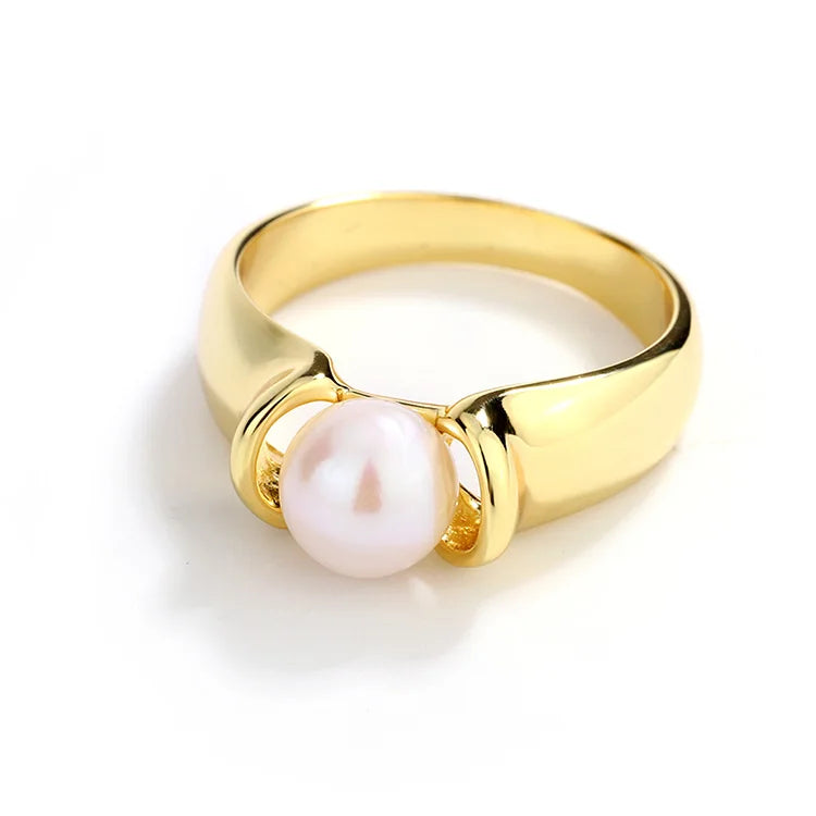 Simple and fashionable women's gold plated 925 sterling silver freshwater pearl ring