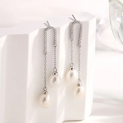 Fashionable 925 sterling silver waterdrop freshwater pearl drop long chain dangle zircon earrings