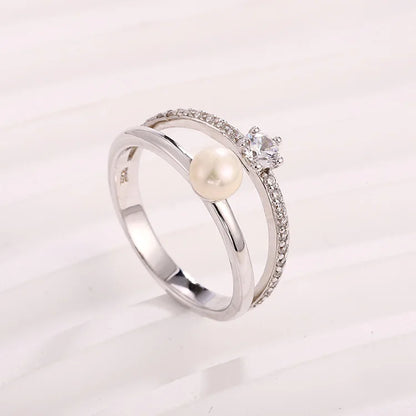 Double ring original simple unique dainty ladies pearl zircon mosonite diamond ring