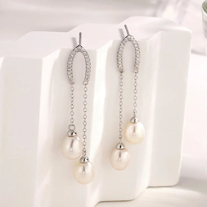 925 sterling silver cubic zirconia diamond freshwater pearl long drop dangle earings