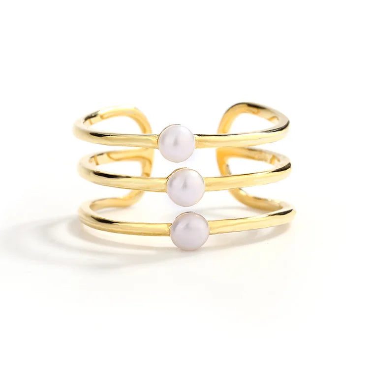 Three-ring open adjustable gold-plated 925 sterling silver pearl ring for women