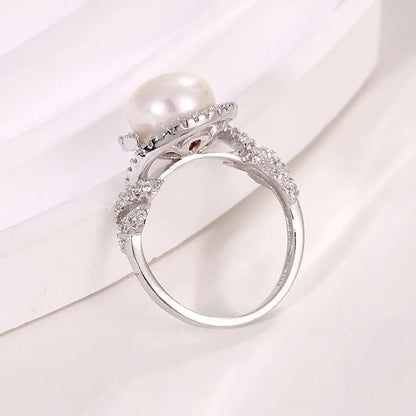 Unique ladies vintage white cultured pearl silver rings with diamonds