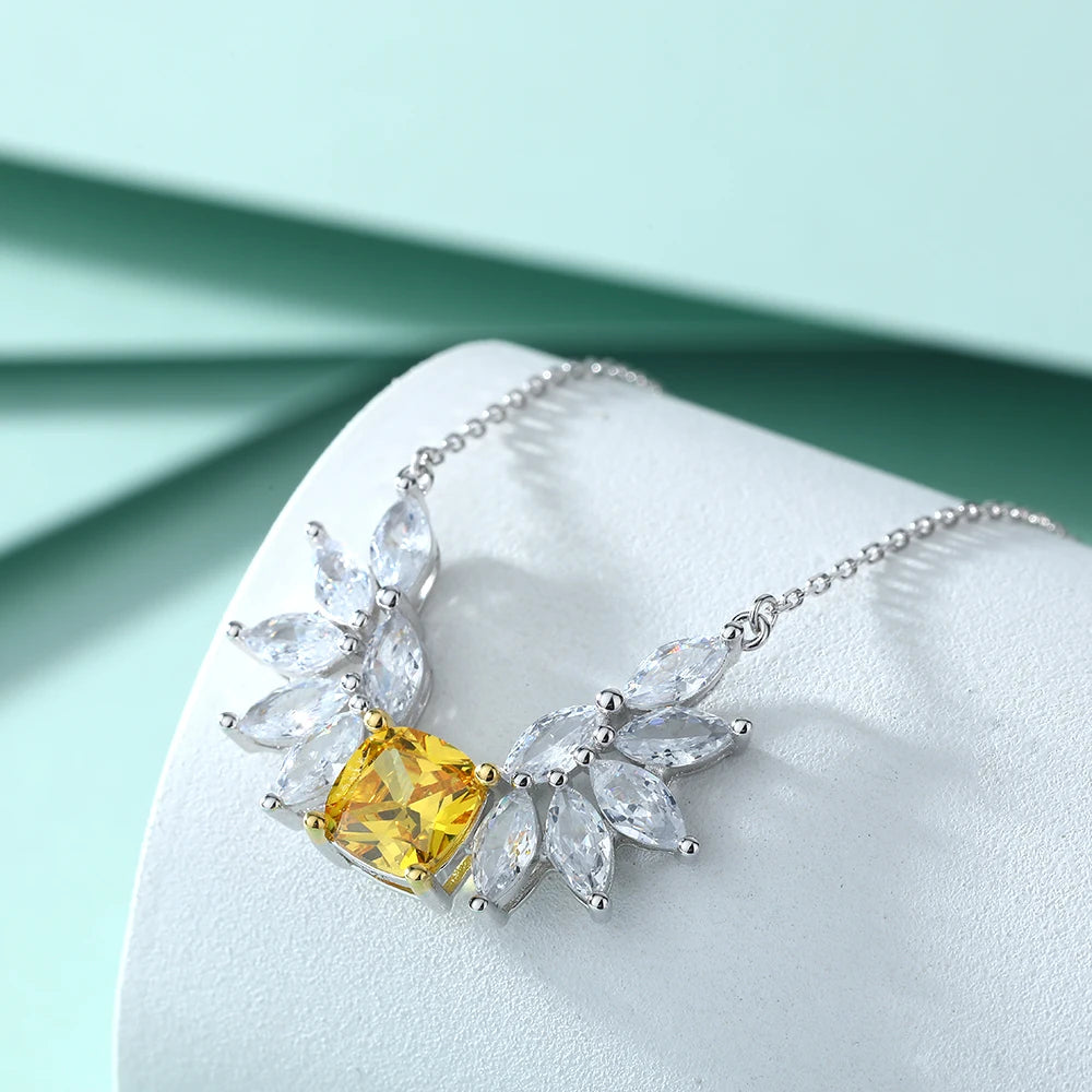 Luxury Feather Shaped Pendant Citrine Yellow Zirconia Cushion Cut 7*7mm 925 Silver Necklaces for Party