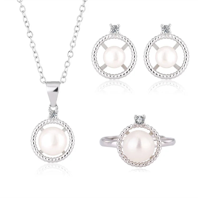 Fashion fine jewelry sets silver pearl ring earrings and pendant necklace set