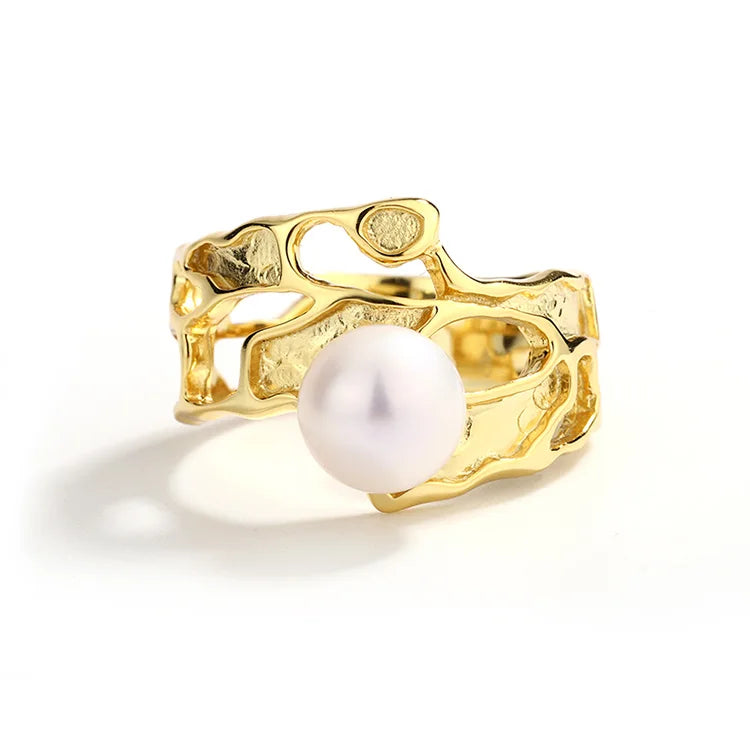 Exquisite stylish 18k gold plated hollow 925 sterling silver lady women ring with real freshwater pearl