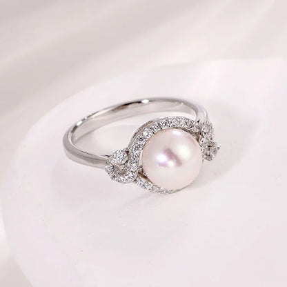 Women white pearl and diamond 925 sterling silver ring engagement wedding ring for female