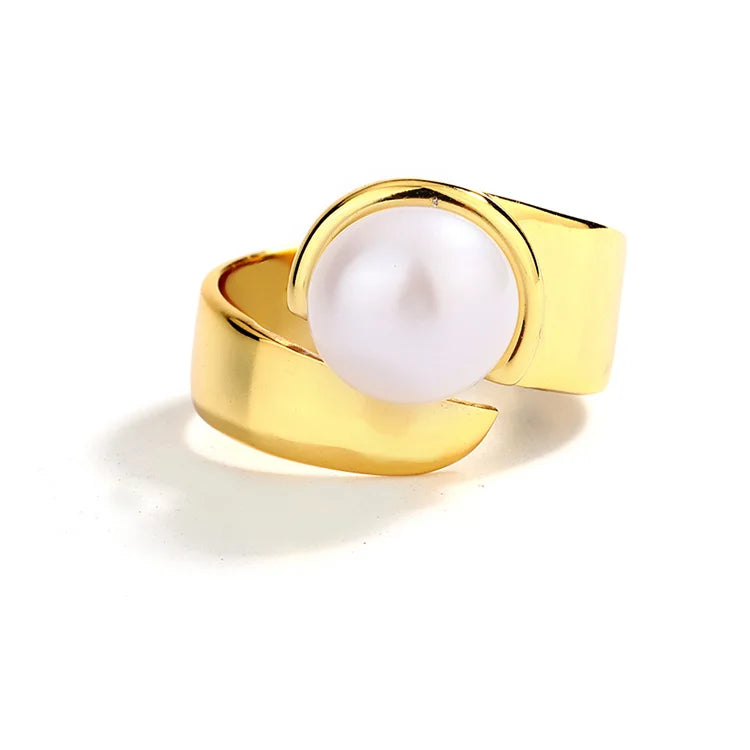 Fashion Simple Women 14k 18k Gold Plated 925 Sterling Silver Freshwater Pearl Adjustable Ring