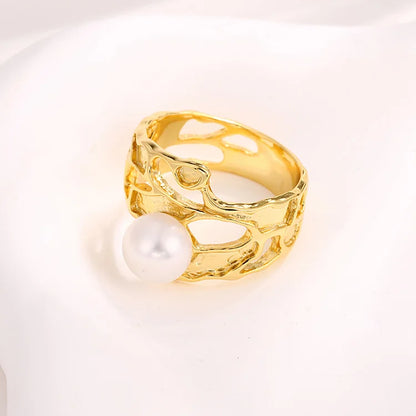 Exquisite stylish 18k gold plated hollow 925 sterling silver lady women ring with real freshwater pearl