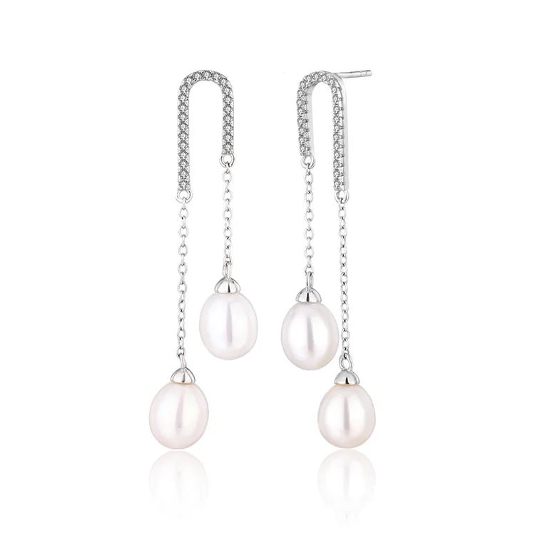 Fashionable 925 sterling silver waterdrop freshwater pearl drop long chain dangle zircon earrings