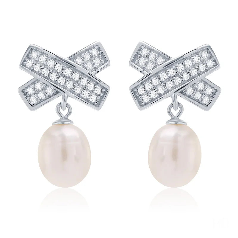 2024 Fashion Women Jewelry 925 Silver Two Pearl Water Drop Rice Pearl Drop Stud Earrings Rhodium-Plated Pearl Earrings