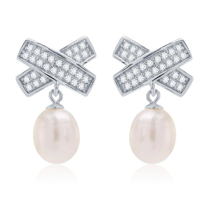 2024 Fashion Women Jewelry 925 Silver Two Pearl Water Drop Rice Pearl Drop Stud Earrings Rhodium-Plated Pearl Earrings