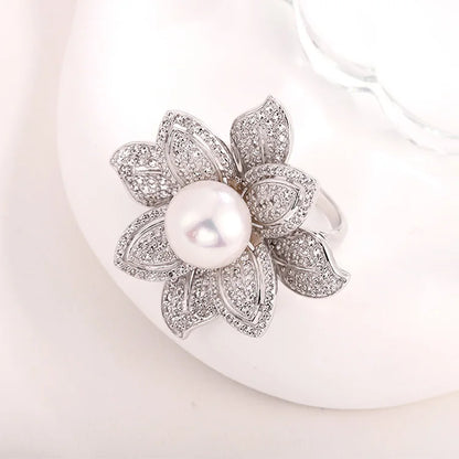 Fashion luxurious diamond set 925 sterling silver cultured natural freshwater pearl flower shape ring for women