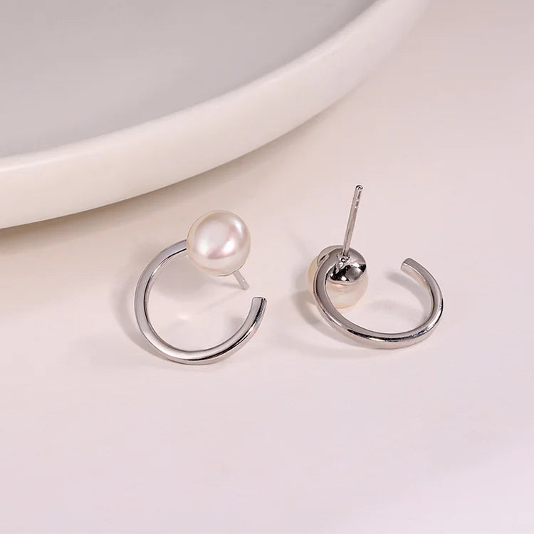 Luxury statement gold women fashion silver 925 small hoop white pearl studs earring