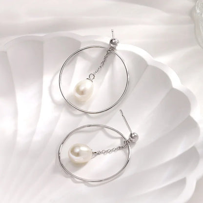 New trendy fashion 925 sterling silver pearl large big hoop earrings