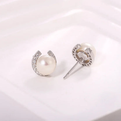 Designer 6mm pearl genuine 925 sterling silver diamond and freshwater cultured pearl women's stud earrings for women