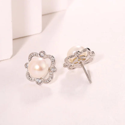 Pearl and cubic zirconia stud 925 sterling silver freshwater cultured pearl earrings with cubic zirconia