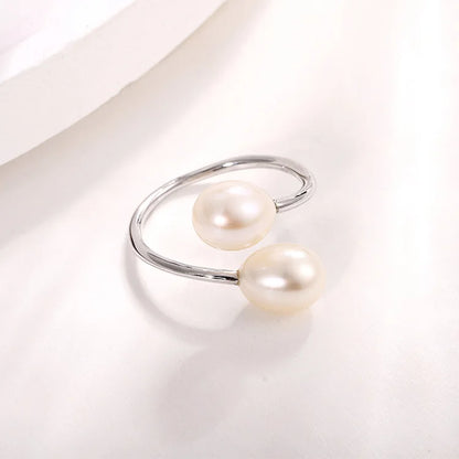 Wholesale jewelry women minimalist 925 sterling silver ring with 2 pearls