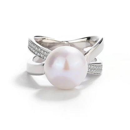 Fashion fine jewelry s925 silver freshwater pearl ring inlaid with moissanite diamonds