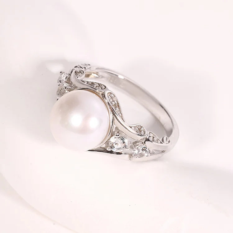 Custom engagement 925 S925 sterling silver freshwater pearl ring diamonds stone around it