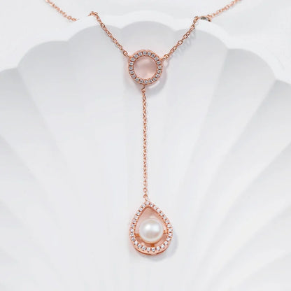 Customizable necklace rose gold plated long drop dangle pearl charm pendant necklace