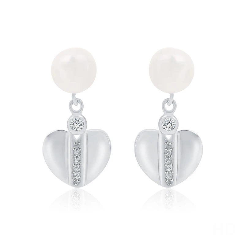 Fashion jewelry 925 sterling silver love heart shaped diamond freshwater pearl dangle drop earrings