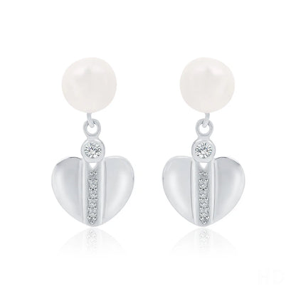 Fashion jewelry 925 sterling silver love heart shaped diamond freshwater pearl dangle drop earrings