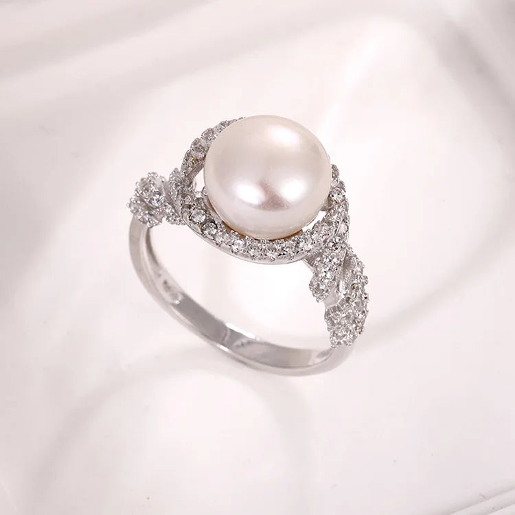 Unique ladies vintage white cultured pearl silver rings with diamonds