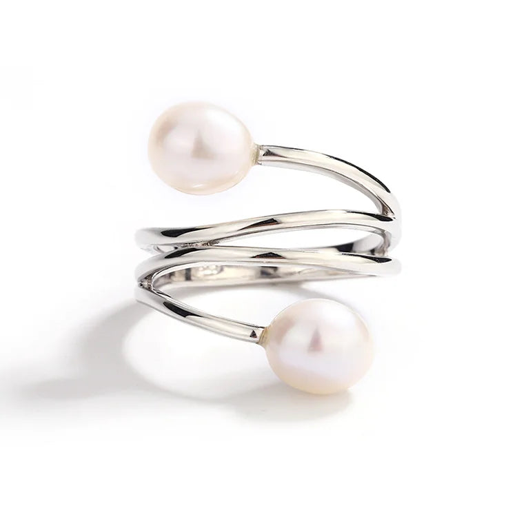 Beautiful fashionable double ring double fresh water pearl 925 sterling silver ring with two pearls