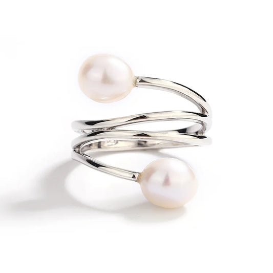 Beautiful fashionable double ring double fresh water pearl 925 sterling silver ring with two pearls