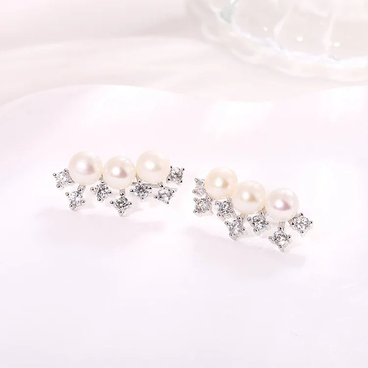 3 triple pearl stud 925 sterling silver freshwater cultured pearl post earrings with three pearls