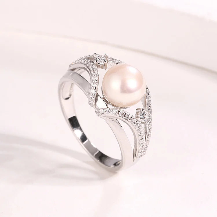 Custom women engagement wedding sterling silver freshwater pearl ring with zircon moissanite