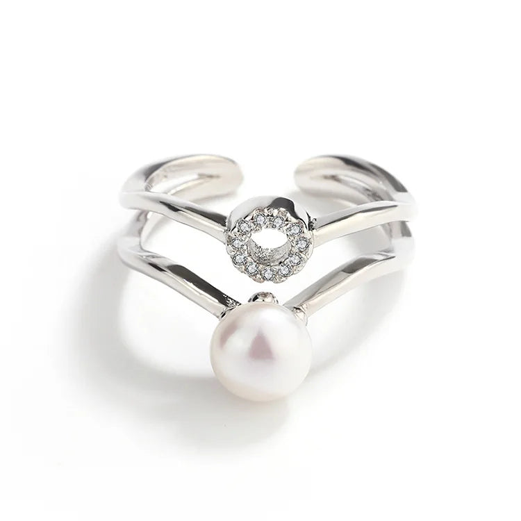 Open Adjustable Double Ring 925 Sterling Silver Women's Flash Water Pearl Ring