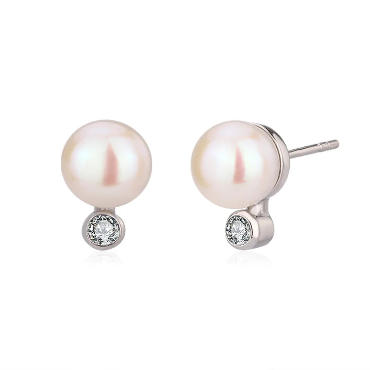 Small round stud 925 sterling silver freshwater cultured pearl earrings with a diamond