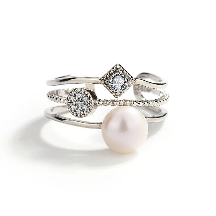 Custom three-band design ladies women female sterling silver pearl rings for girlfriend