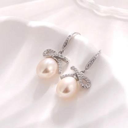 Irregular 925 sterling silver freshwater cultured pearl crochet fish hook earrings with cz diamond setting