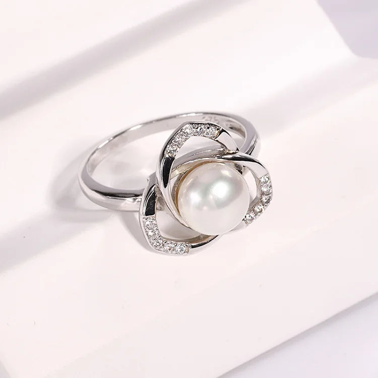 Custom logo zircon diamond-set intertwined 925 sterling silver pearl ring jewelry