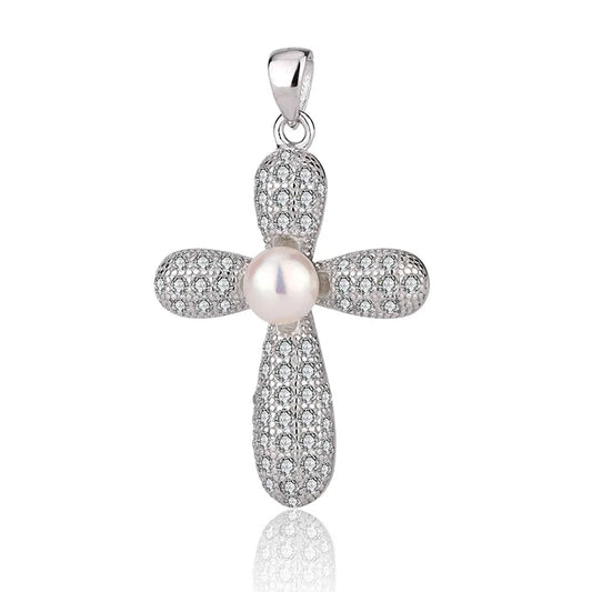 Women sterling silver moissanite diamond crucifix cross pendant with freshwater pearl